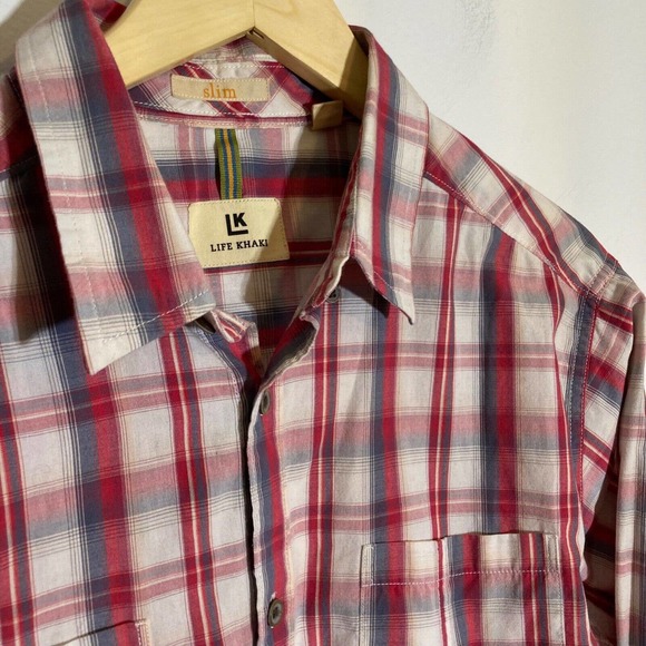 Life Khaki Mens Large Button Down Slim Fit Plaid Pocket Long Sleeve Plaid Shirt - Picture 1 of 6